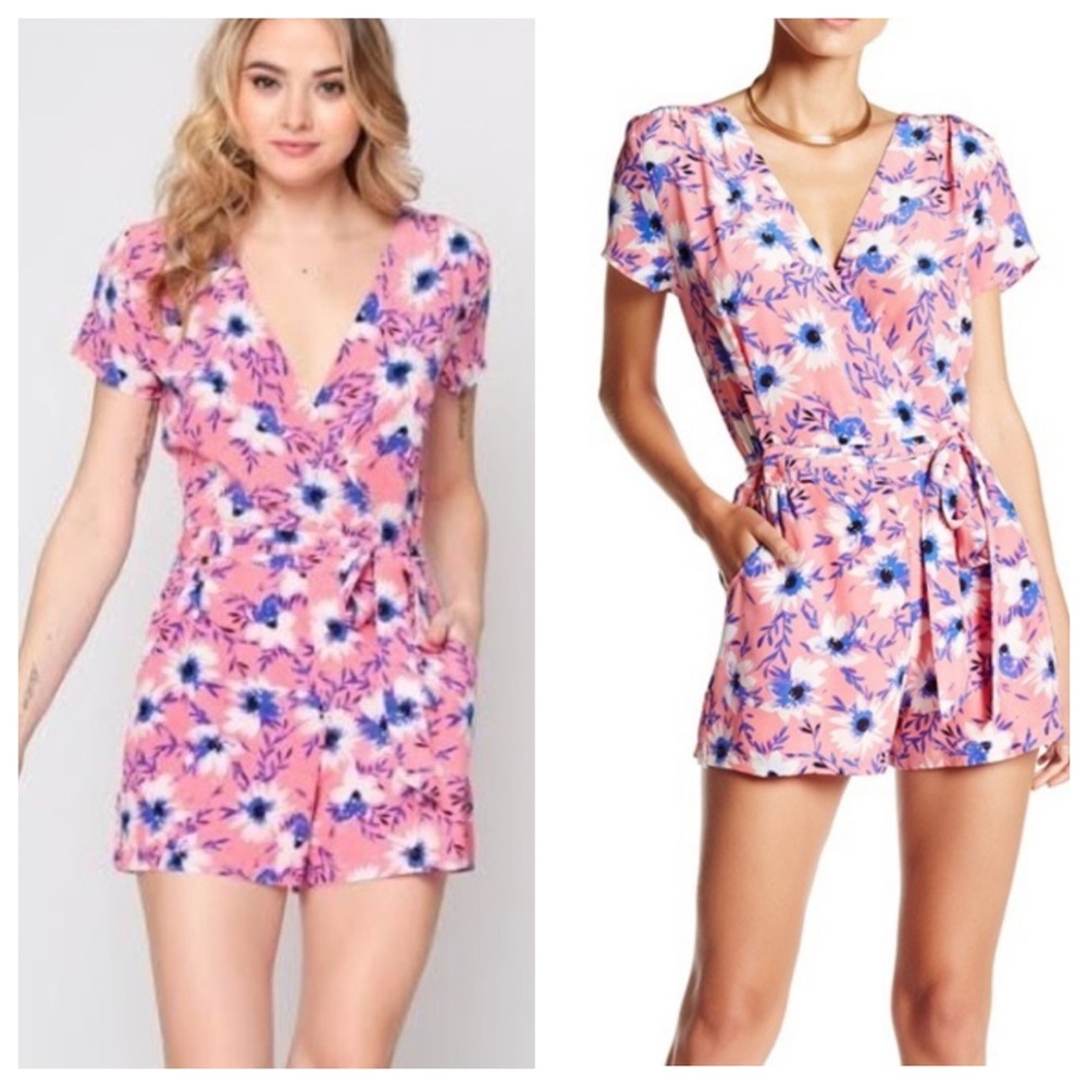Yumi Kim Paradise Faux Wrap Surplice Romper Jumpsuit Pink Floral Safari Silk - Picture 16 of 16